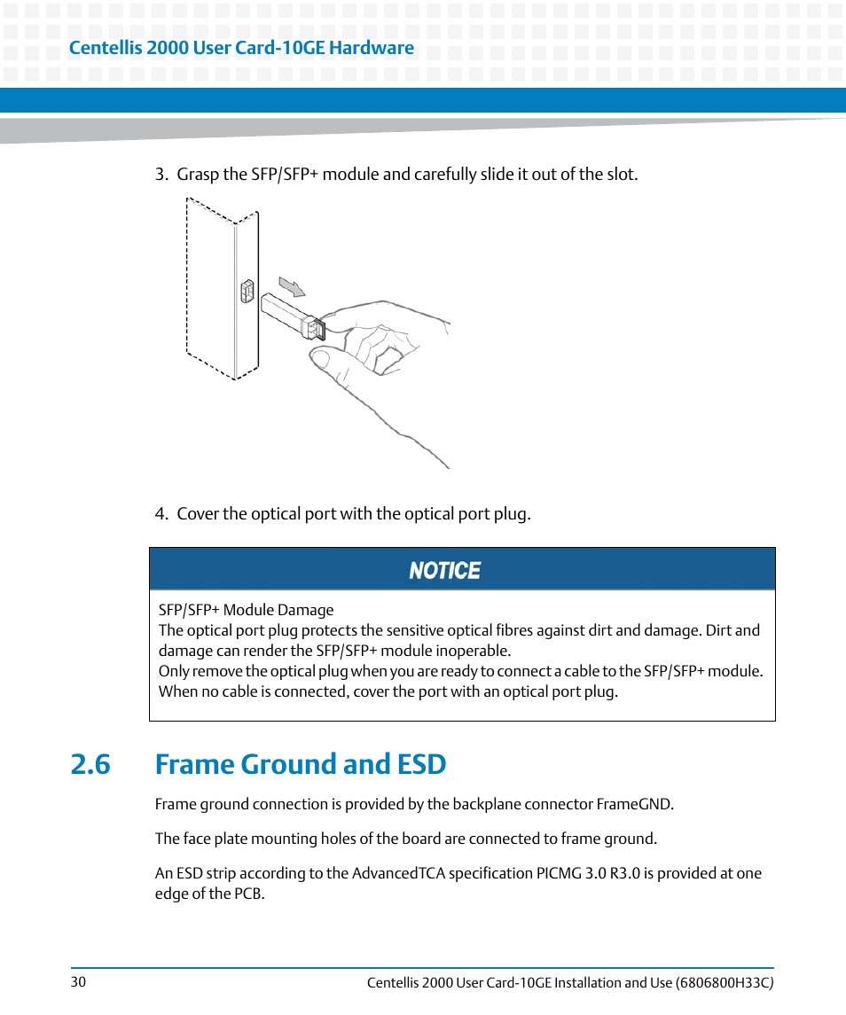 6 frame ground and esd | Artesyn Centellis 2000 User Card-10GE Installation and Use (May 2014) User Manual | Page 30 / 54