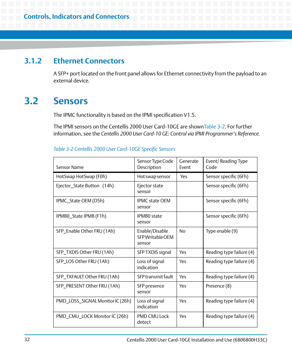 2 ethernet connectors, 2 sensors, Table 3-2 | Centellis 2000 user card-10ge specific sensors, Ethernet, Connectors, Controls, indicators and connectors | Artesyn Centellis 2000 User Card-10GE Installation and Use (May 2014) User Manual | Page 32 / 54