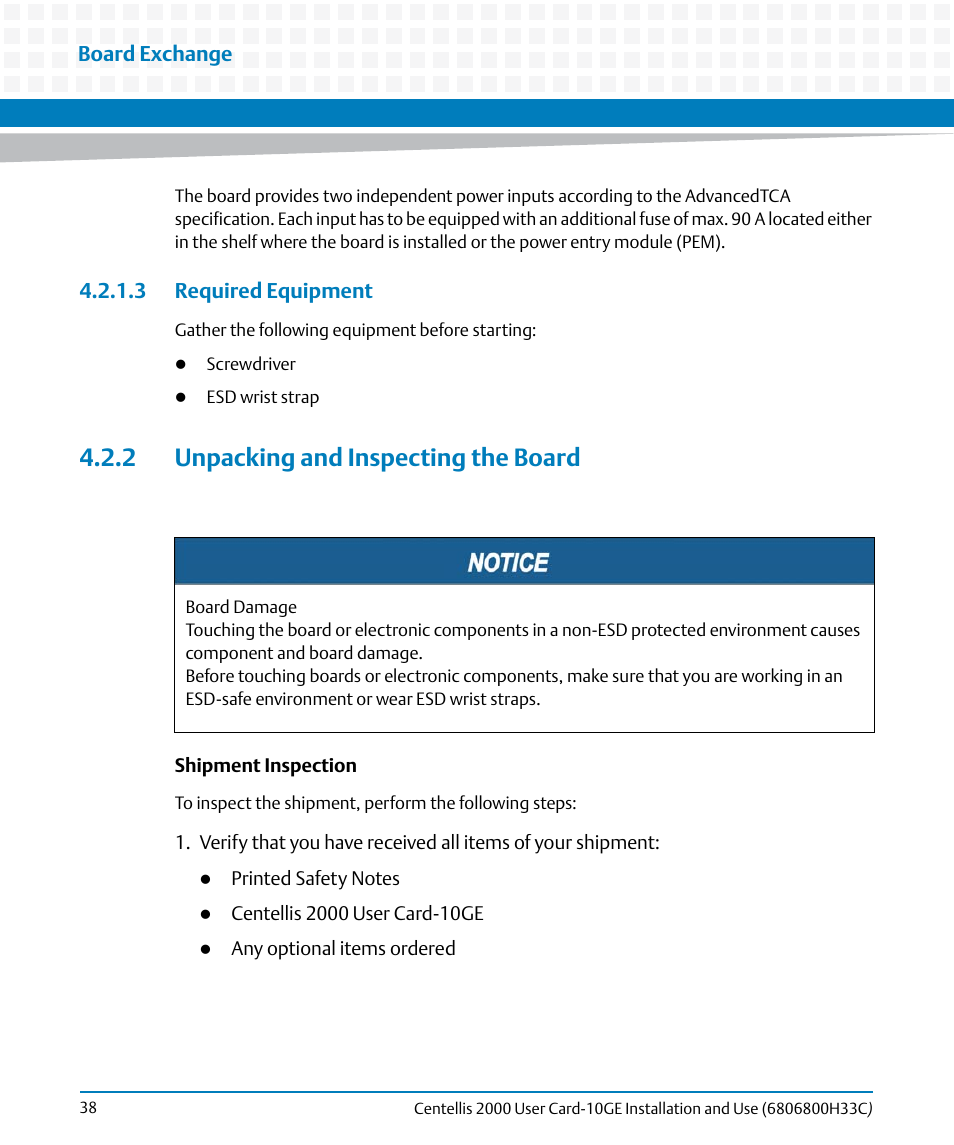 3 required equipment, 2 unpacking and inspecting the board | Artesyn Centellis 2000 User Card-10GE Installation and Use (May 2014) User Manual | Page 38 / 54
