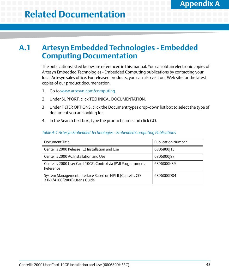 A related documentation, Table a-1, Related documentation | Lists re, Appendix a | Artesyn Centellis 2000 User Card-10GE Installation and Use (May 2014) User Manual | Page 43 / 54