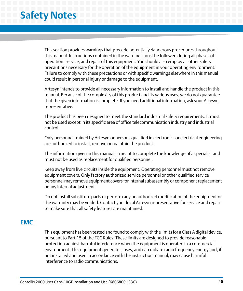Safety notes | Artesyn Centellis 2000 User Card-10GE Installation and Use (May 2014) User Manual | Page 45 / 54