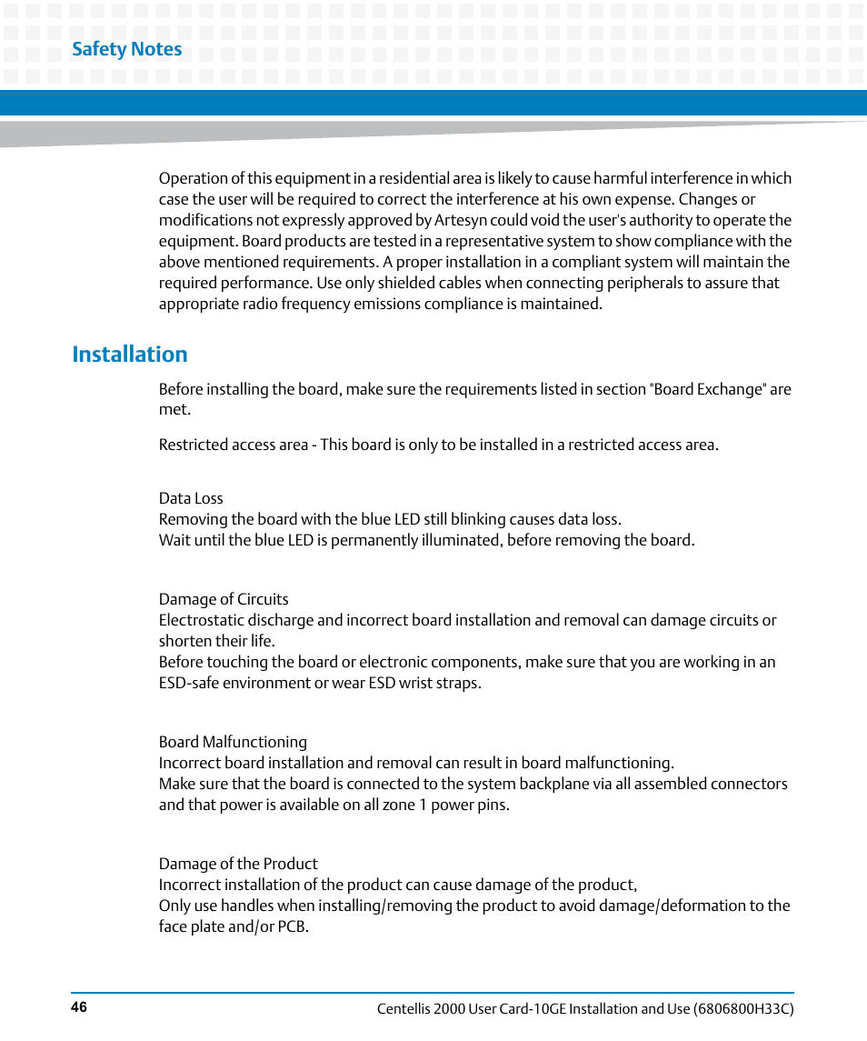 Installation | Artesyn Centellis 2000 User Card-10GE Installation and Use (May 2014) User Manual | Page 46 / 54