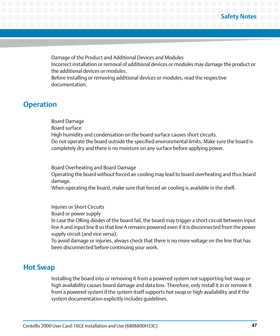 Operation, Hot swap | Artesyn Centellis 2000 User Card-10GE Installation and Use (May 2014) User Manual | Page 47 / 54