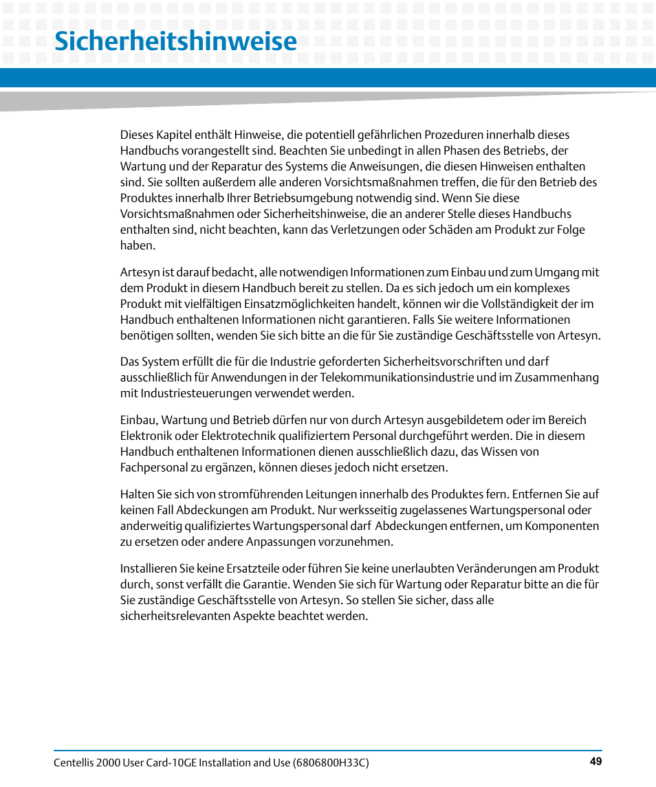 Sicherheitshinweise | Artesyn Centellis 2000 User Card-10GE Installation and Use (May 2014) User Manual | Page 49 / 54
