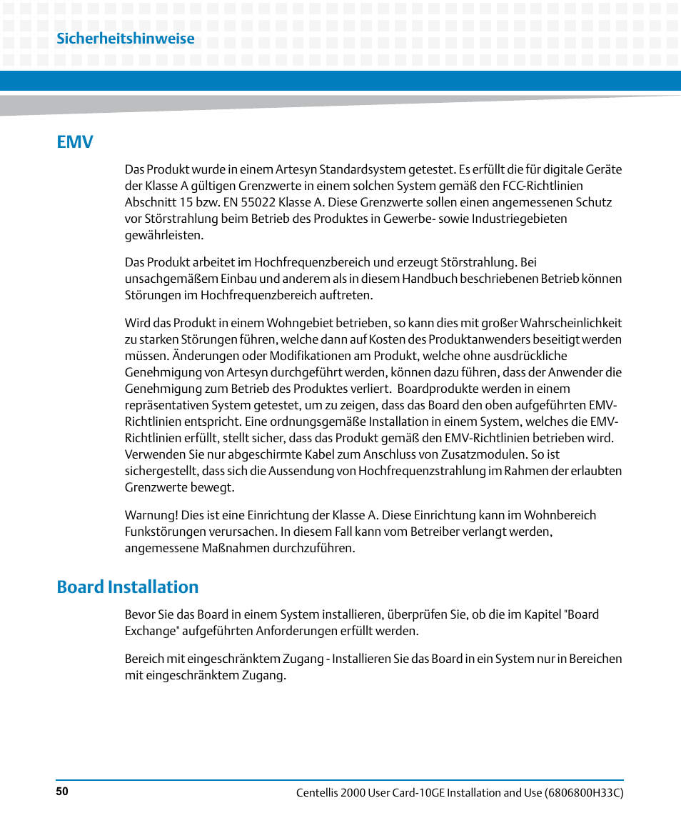 Board installation | Artesyn Centellis 2000 User Card-10GE Installation and Use (May 2014) User Manual | Page 50 / 54