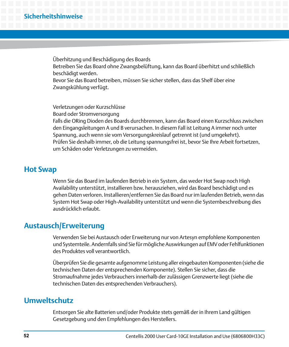 Hot swap, Austausch/erweiterung, Umweltschutz | Artesyn Centellis 2000 User Card-10GE Installation and Use (May 2014) User Manual | Page 52 / 54