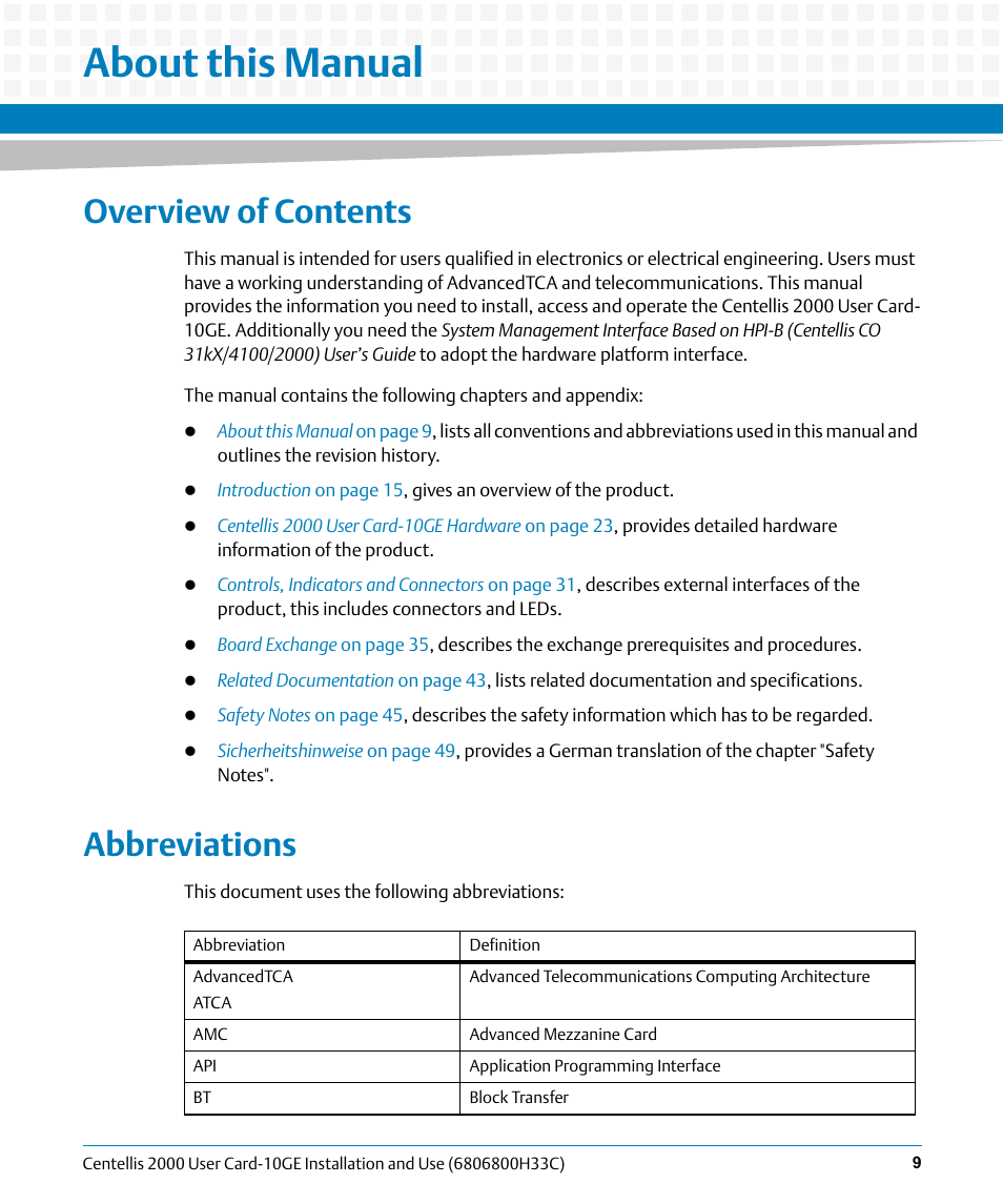 About this manual, Overview of contents, Abbreviations | Artesyn Centellis 2000 User Card-10GE Installation and Use (May 2014) User Manual | Page 9 / 54