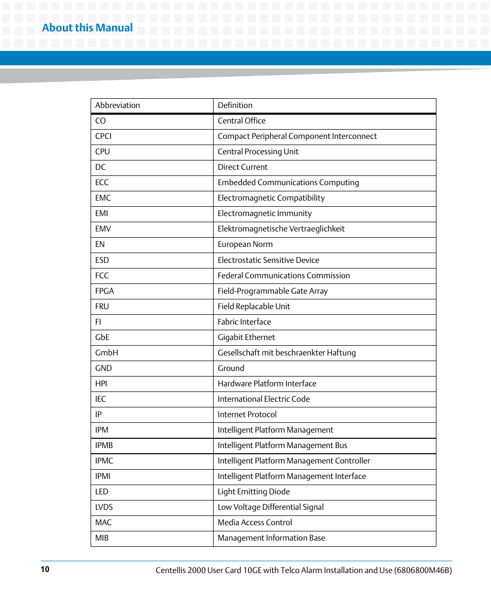 About this manual | Artesyn Centellis 2000 User Card-10GE with Telco Alarm Installation and Use (May 2014) User Manual | Page 10 / 60
