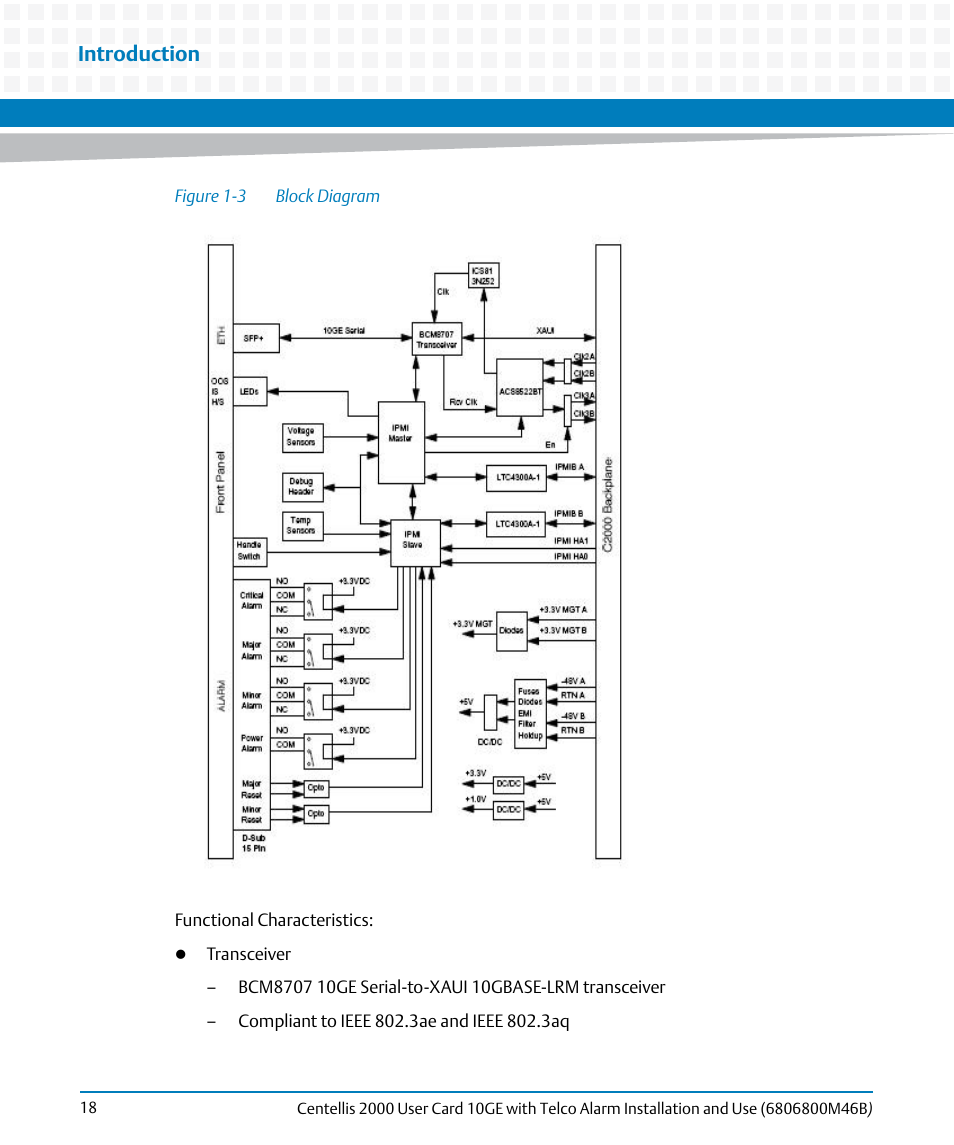 Figure 1-3, Block diagram, Introduction | Artesyn Centellis 2000 User Card-10GE with Telco Alarm Installation and Use (May 2014) User Manual | Page 18 / 60