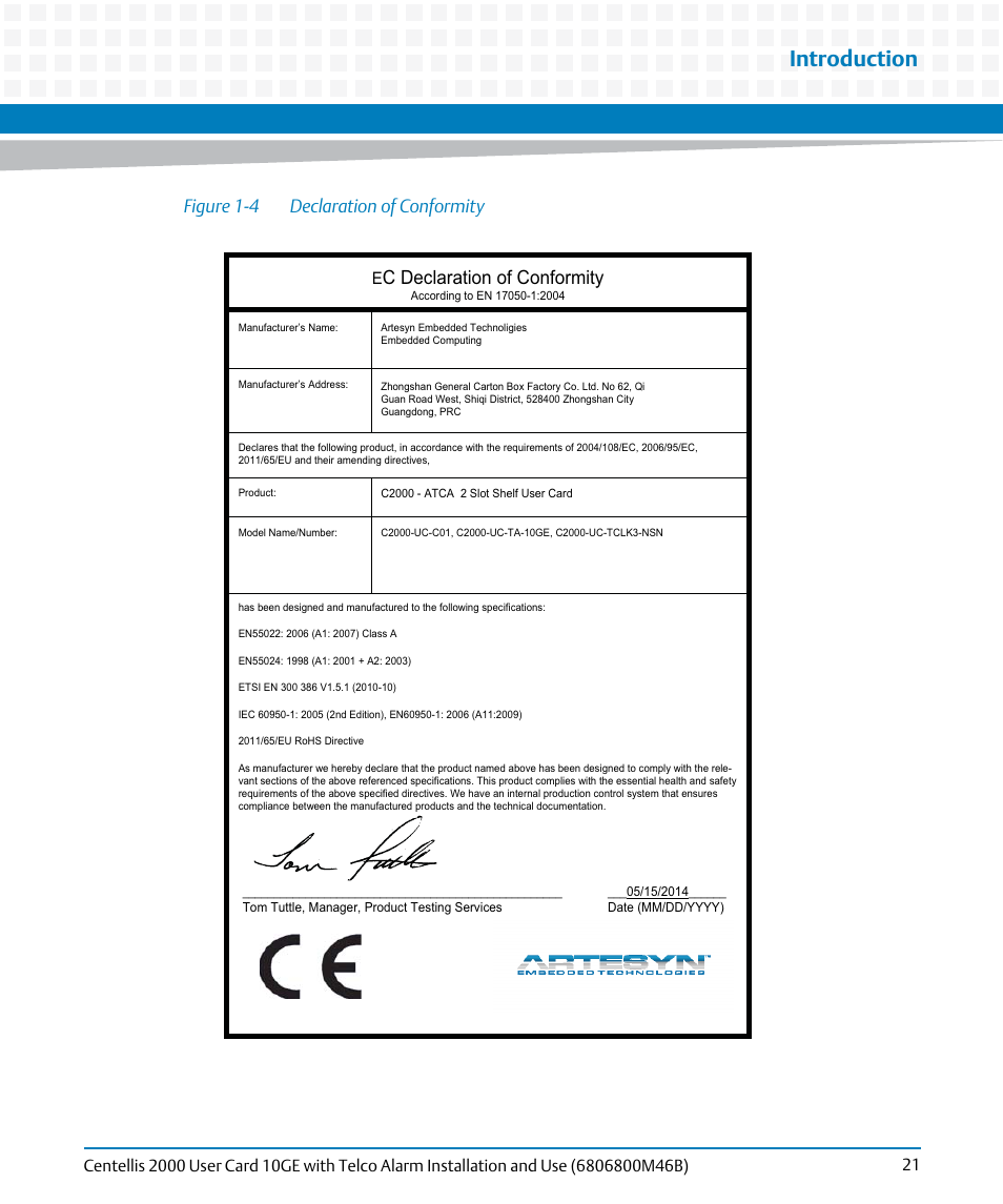 Figure 1-4, Declaration of conformity, Introduction | C declaration of conformity, Figure 1-4 declaration of conformity | Artesyn Centellis 2000 User Card-10GE with Telco Alarm Installation and Use (May 2014) User Manual | Page 21 / 60