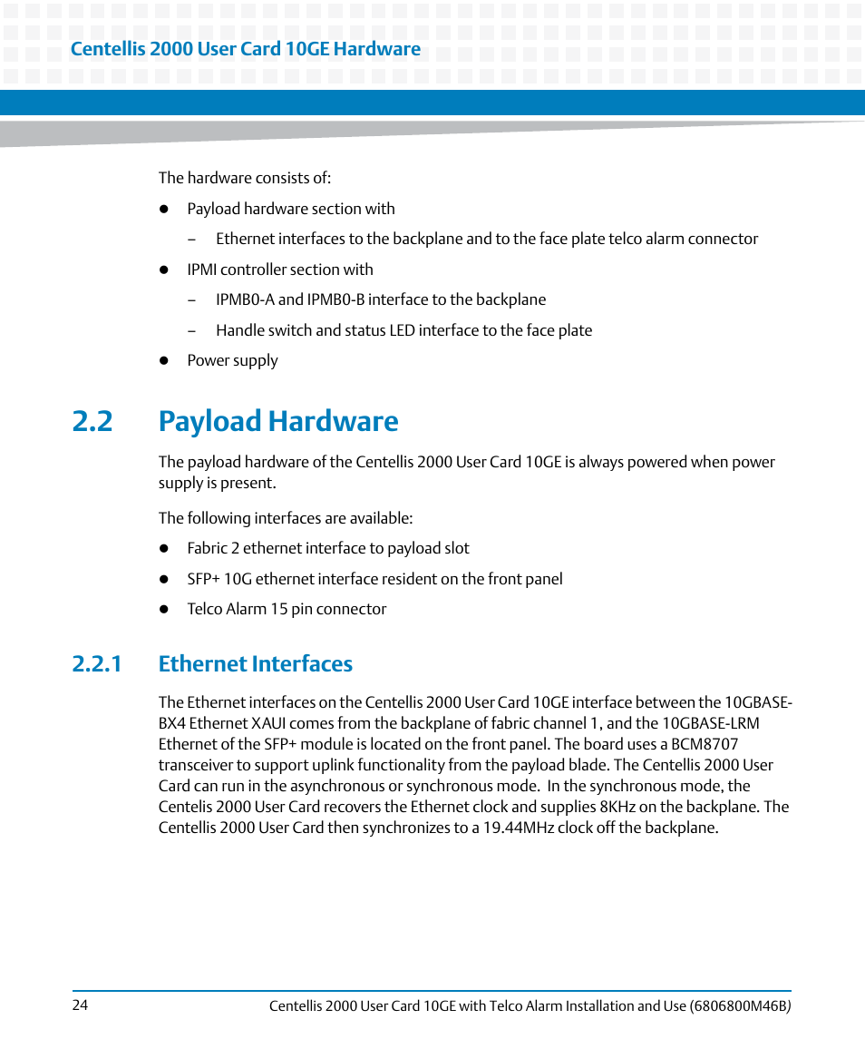 2 payload hardware, 1 ethernet interfaces | Artesyn Centellis 2000 User Card-10GE with Telco Alarm Installation and Use (May 2014) User Manual | Page 24 / 60