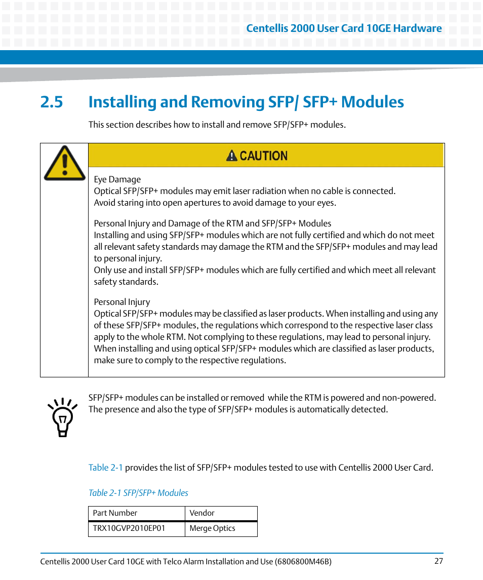 5 installing and removing sfp/ sfp+ modules, Table 2-1, Sfp/sfp+ modules | Artesyn Centellis 2000 User Card-10GE with Telco Alarm Installation and Use (May 2014) User Manual | Page 27 / 60