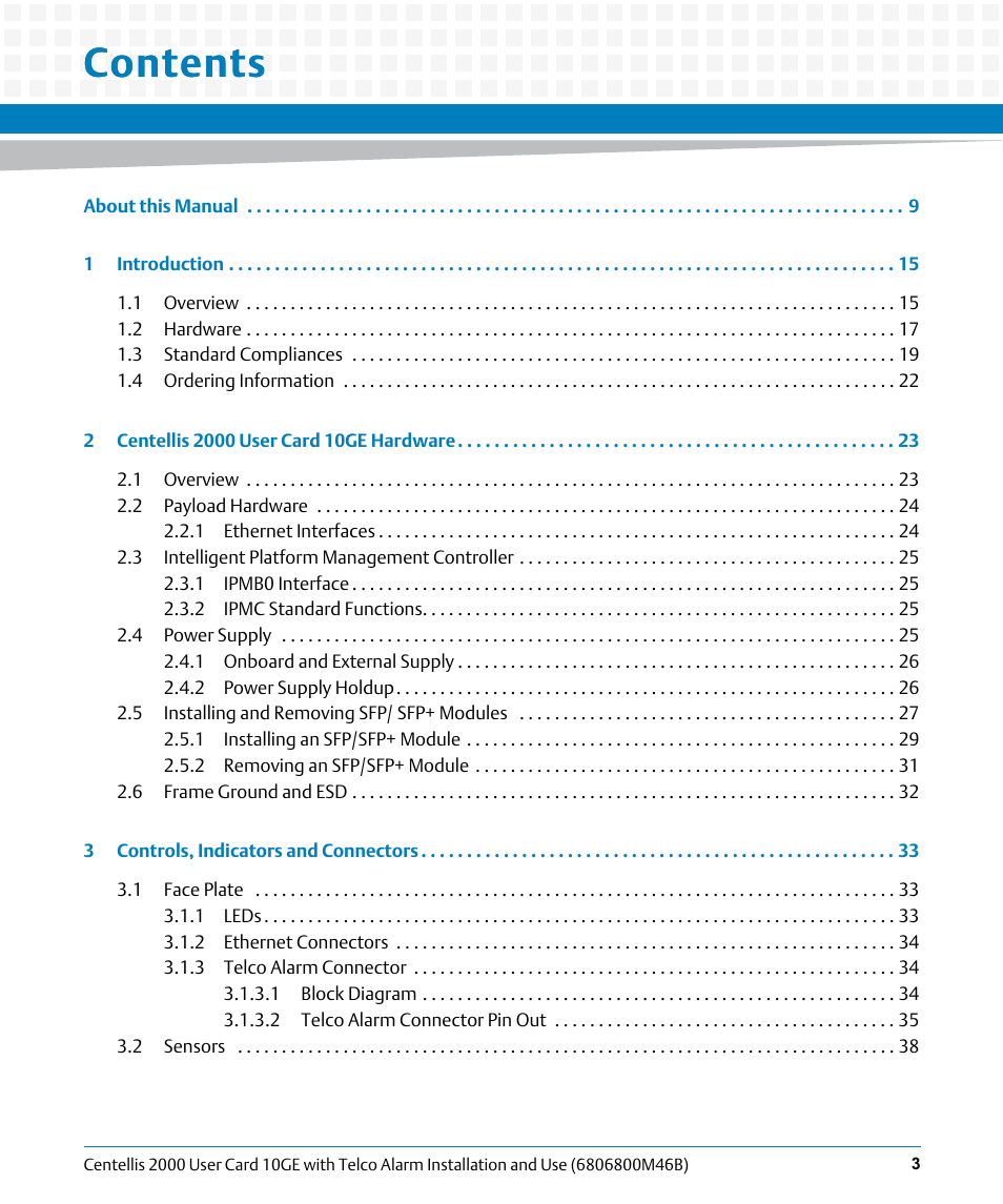 Artesyn Centellis 2000 User Card-10GE with Telco Alarm Installation and Use (May 2014) User Manual | Page 3 / 60