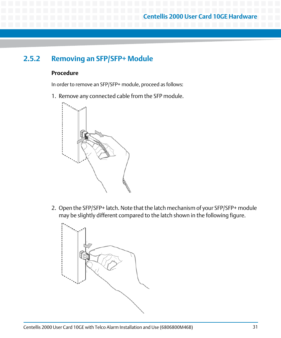 2 removing an sfp/sfp+ module | Artesyn Centellis 2000 User Card-10GE with Telco Alarm Installation and Use (May 2014) User Manual | Page 31 / 60