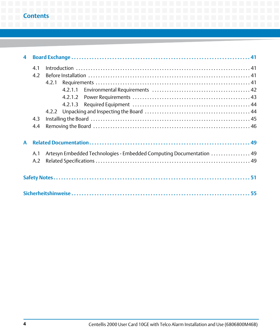 Artesyn Centellis 2000 User Card-10GE with Telco Alarm Installation and Use (May 2014) User Manual | Page 4 / 60