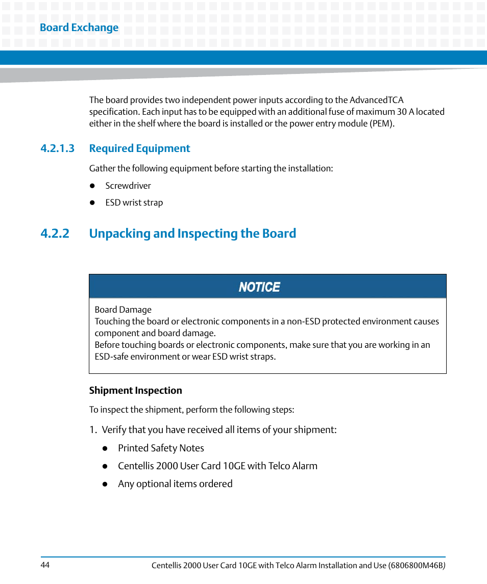 3 required equipment, 2 unpacking and inspecting the board | Artesyn Centellis 2000 User Card-10GE with Telco Alarm Installation and Use (May 2014) User Manual | Page 44 / 60