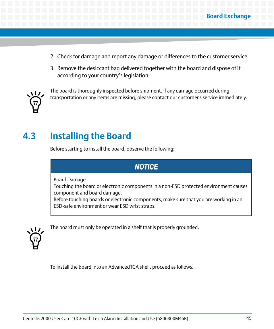 3 installing the board | Artesyn Centellis 2000 User Card-10GE with Telco Alarm Installation and Use (May 2014) User Manual | Page 45 / 60