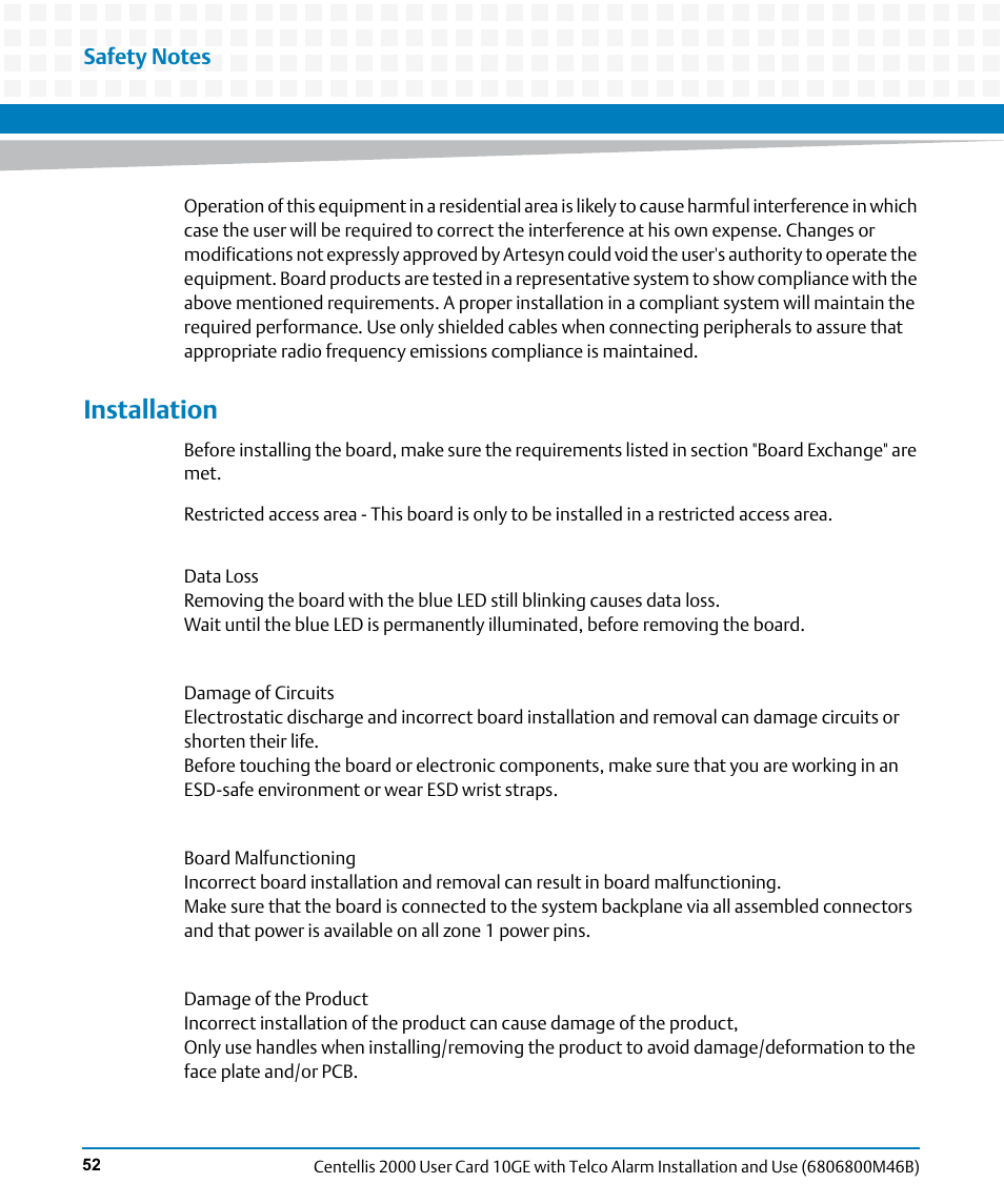 Installation | Artesyn Centellis 2000 User Card-10GE with Telco Alarm Installation and Use (May 2014) User Manual | Page 52 / 60
