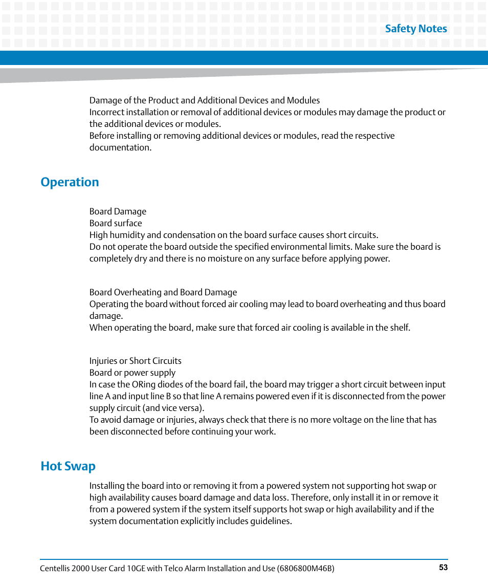 Operation, Hot swap | Artesyn Centellis 2000 User Card-10GE with Telco Alarm Installation and Use (May 2014) User Manual | Page 53 / 60