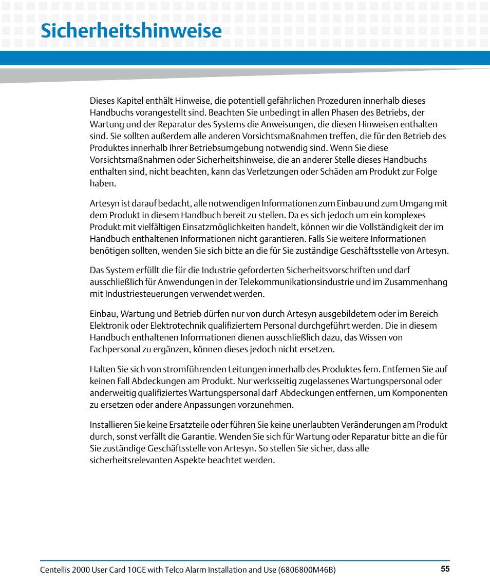 Sicherheitshinweise | Artesyn Centellis 2000 User Card-10GE with Telco Alarm Installation and Use (May 2014) User Manual | Page 55 / 60