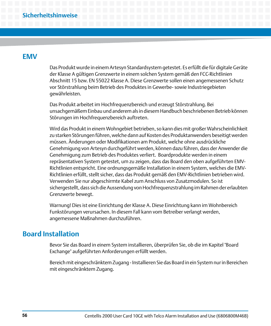 Board installation | Artesyn Centellis 2000 User Card-10GE with Telco Alarm Installation and Use (May 2014) User Manual | Page 56 / 60