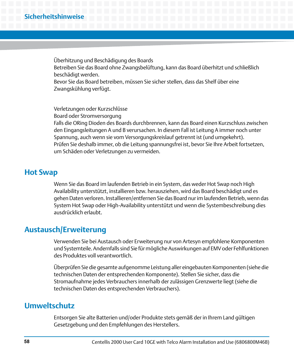 Hot swap, Austausch/erweiterung, Umweltschutz | Artesyn Centellis 2000 User Card-10GE with Telco Alarm Installation and Use (May 2014) User Manual | Page 58 / 60