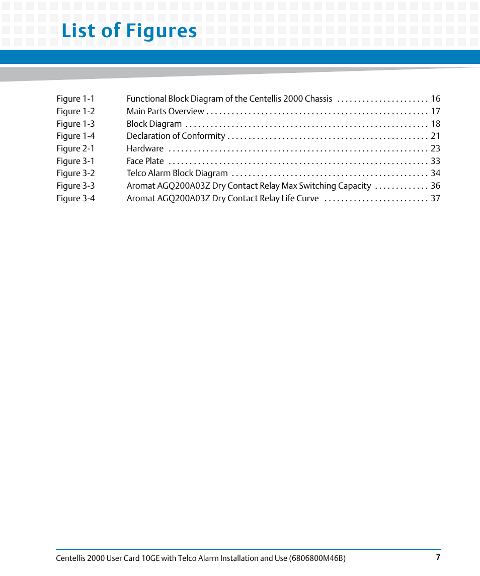 List of figures | Artesyn Centellis 2000 User Card-10GE with Telco Alarm Installation and Use (May 2014) User Manual | Page 7 / 60