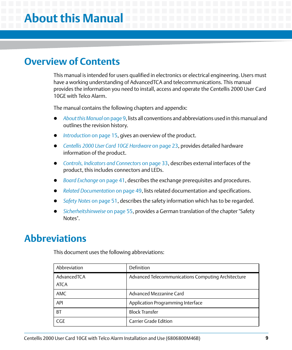 About this manual, Overview of contents, Abbreviations | Artesyn Centellis 2000 User Card-10GE with Telco Alarm Installation and Use (May 2014) User Manual | Page 9 / 60