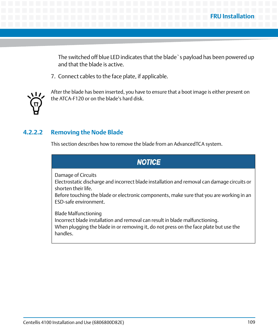 2 removing the node blade | Artesyn Centellis 4100 Installation and Use (2015) User Manual | Page 107 / 208