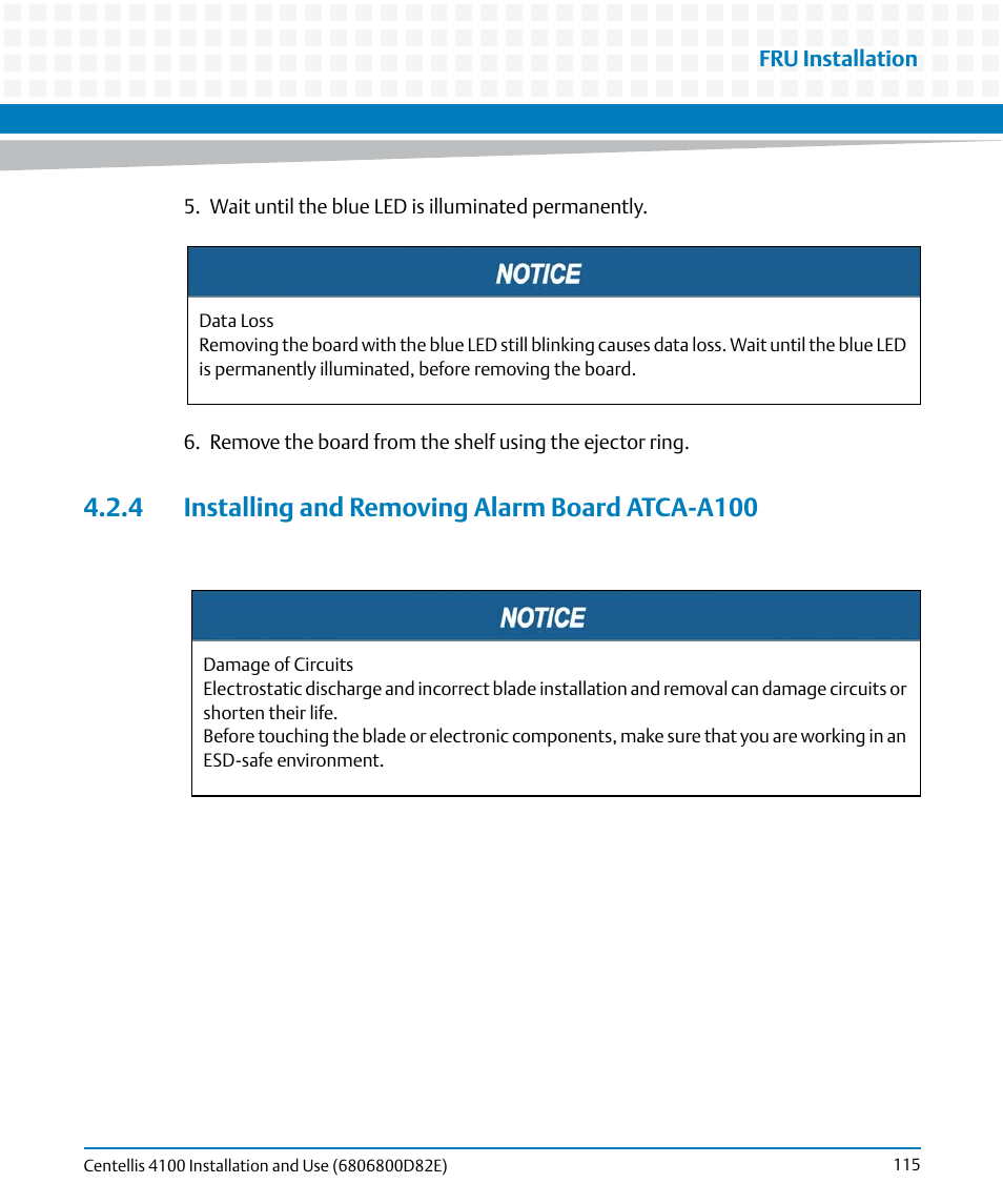 4 installing and removing alarm board atca-a100 | Artesyn Centellis 4100 Installation and Use (2015) User Manual | Page 113 / 208