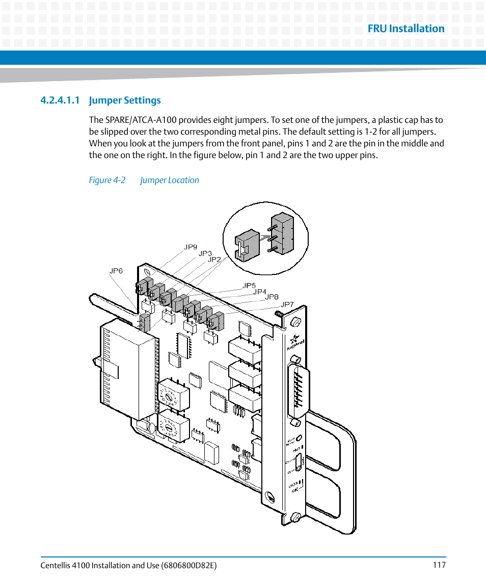 Figure 4-2, Jumper location, Fru installation | Artesyn Centellis 4100 Installation and Use (2015) User Manual | Page 115 / 208