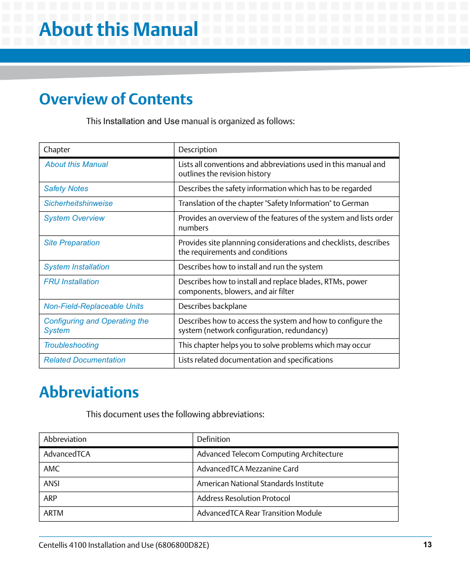 About this manual, Overview of contents, Abbreviations | Artesyn Centellis 4100 Installation and Use (2015) User Manual | Page 13 / 208
