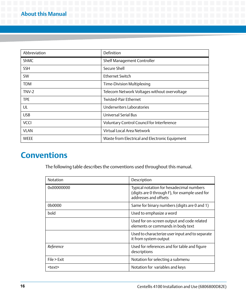 Conventions, About this manual | Artesyn Centellis 4100 Installation and Use (2015) User Manual | Page 16 / 208