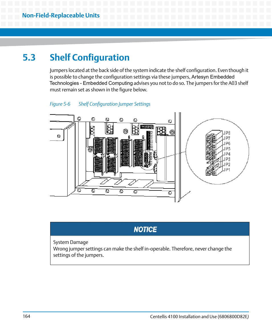 3 shelf configuration, Figure 5-6, Shelf configuration jumper settings | Shelf configuration | Artesyn Centellis 4100 Installation and Use (2015) User Manual | Page 162 / 208