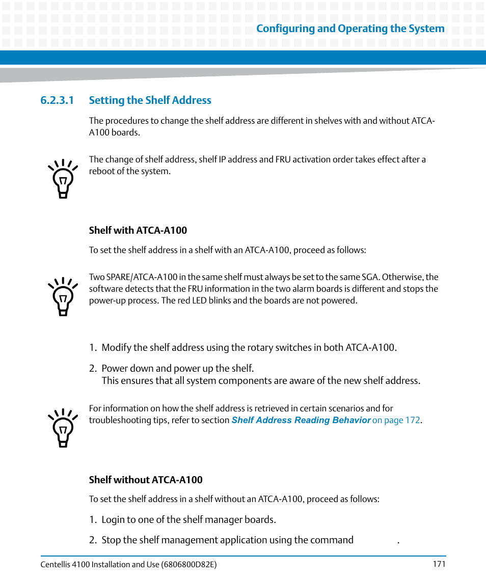 1 setting the shelf address | Artesyn Centellis 4100 Installation and Use (2015) User Manual | Page 169 / 208
