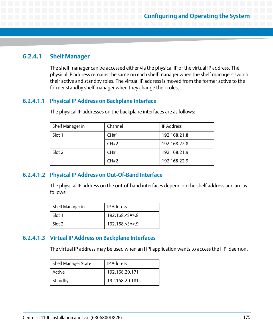 1 shelf manager, Configuring and operating the system | Artesyn Centellis 4100 Installation and Use (2015) User Manual | Page 173 / 208