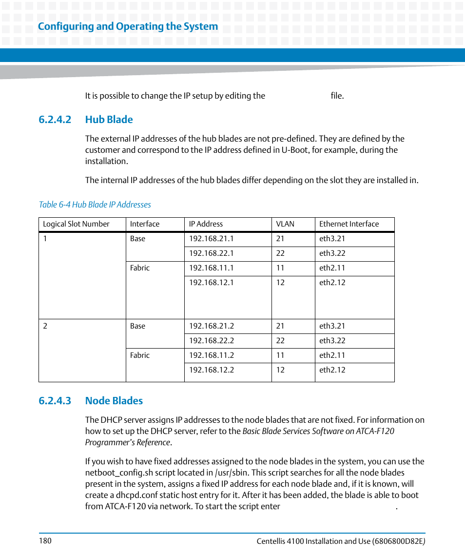 2 hub blade, 3 node blades, 2 hub blade 6.2.4.3 node blades | Table 6-4, Hub blade ip addresses, Configuring and operating the system | Artesyn Centellis 4100 Installation and Use (2015) User Manual | Page 178 / 208