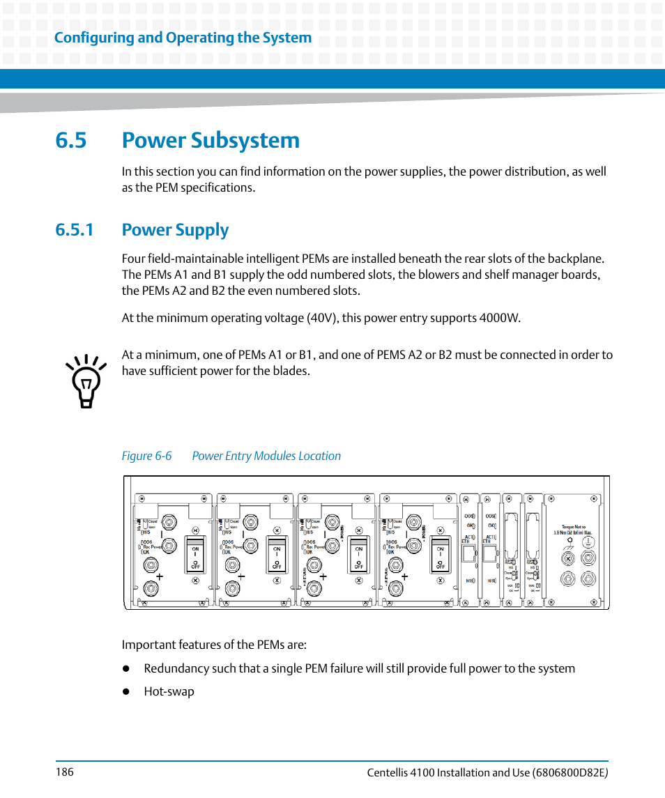 5 power subsystem, 1 power supply, Figure 6-6 | Power entry modules location, Figure "power, Power subsystem | Artesyn Centellis 4100 Installation and Use (2015) User Manual | Page 184 / 208