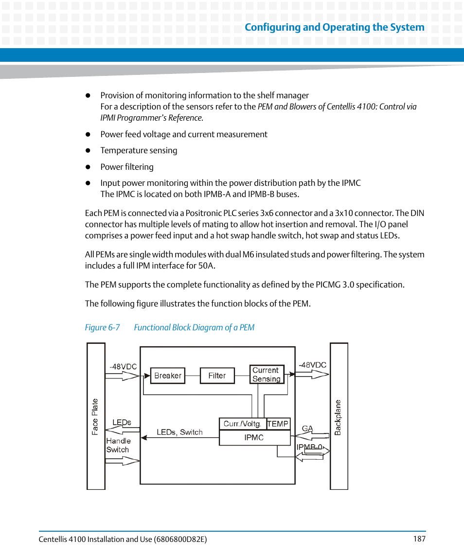 Figure 6-7, Functional block diagram of a pem, Configuring and operating the system | Artesyn Centellis 4100 Installation and Use (2015) User Manual | Page 185 / 208