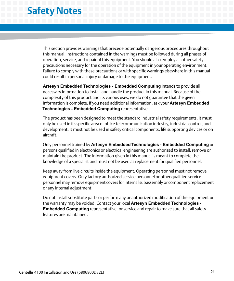 Safety notes | Artesyn Centellis 4100 Installation and Use (2015) User Manual | Page 19 / 208