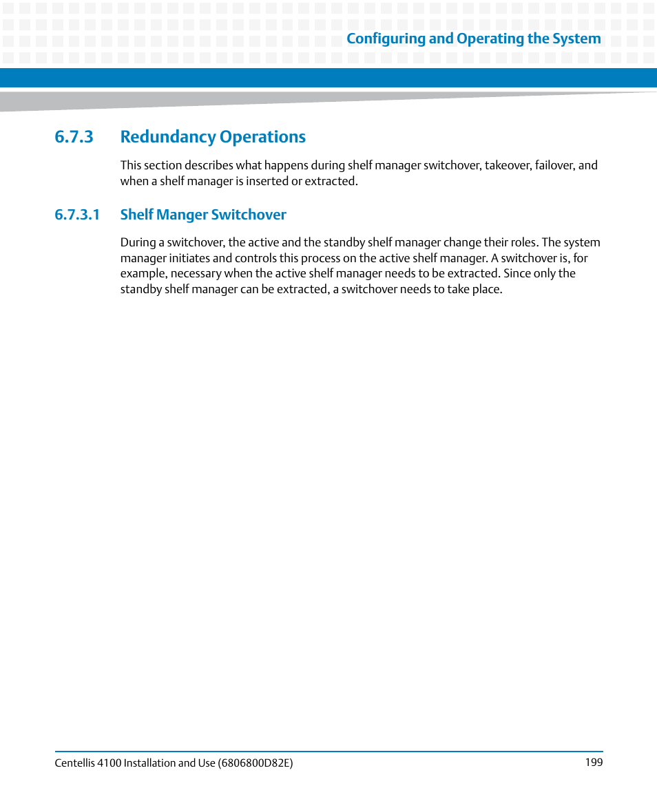 3 redundancy operations, 1 shelf manger switchover | Artesyn Centellis 4100 Installation and Use (2015) User Manual | Page 197 / 208