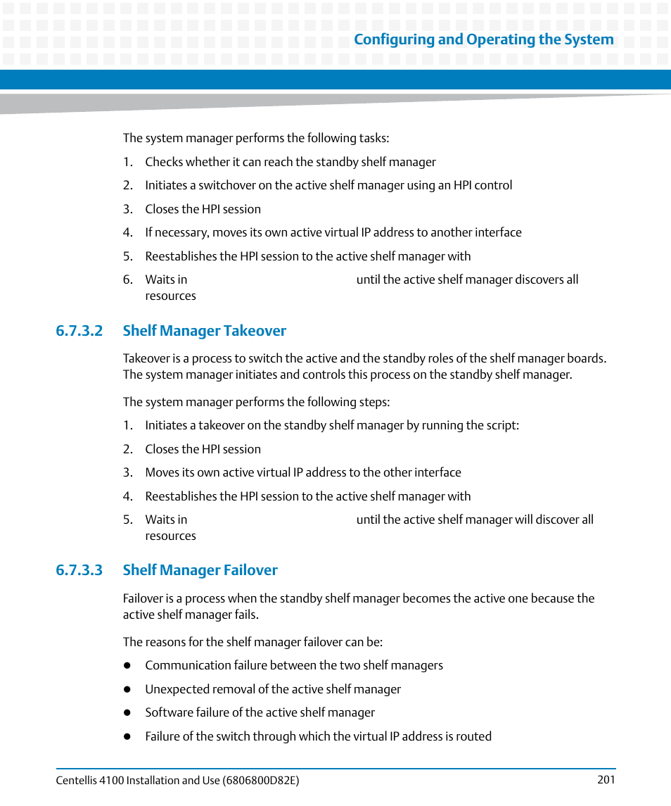 2 shelf manager takeover, 3 shelf manager failover, Configuring and operating the system | Artesyn Centellis 4100 Installation and Use (2015) User Manual | Page 199 / 208