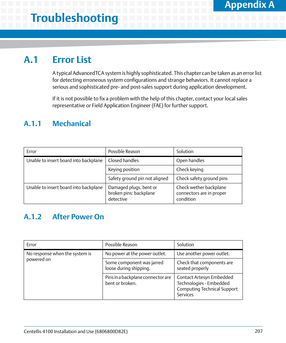 A troubleshooting, A.1 error list, A.1.1 mechanical | A.1.2 after power on, A.1.1 mechanical a.1.2 after power on, Troubleshooting, Appendix a | Artesyn Centellis 4100 Installation and Use (2015) User Manual | Page 205 / 208