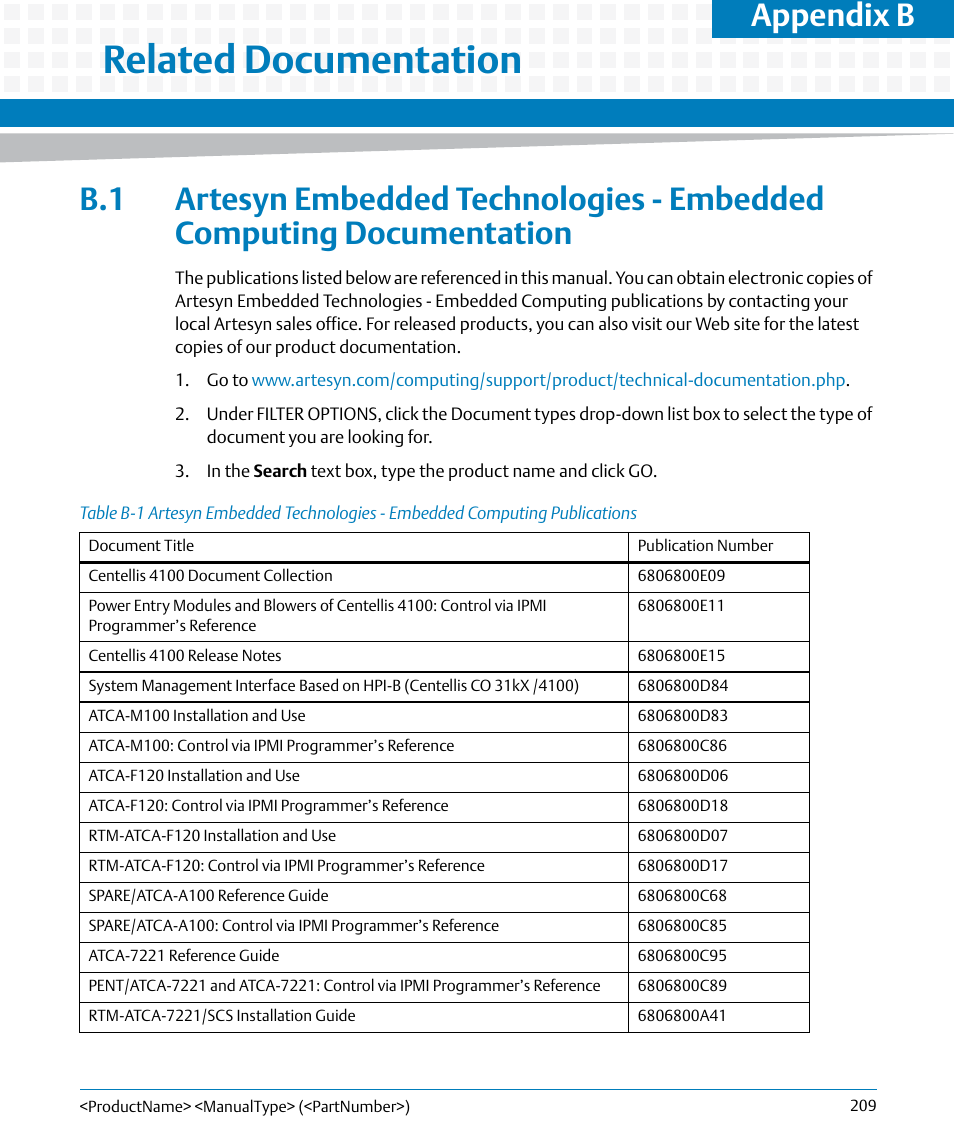 B related documentation, Table b-1, Related documentation | Appendix b | Artesyn Centellis 4100 Installation and Use (2015) User Manual | Page 207 / 208