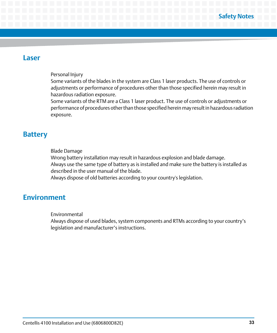 Laser, Battery, Environment | Artesyn Centellis 4100 Installation and Use (2015) User Manual | Page 31 / 208
