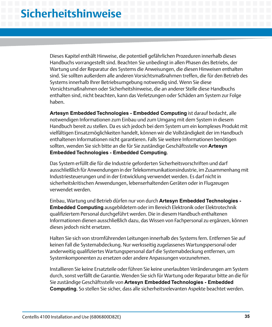 Sicherheitshinweise | Artesyn Centellis 4100 Installation and Use (2015) User Manual | Page 33 / 208