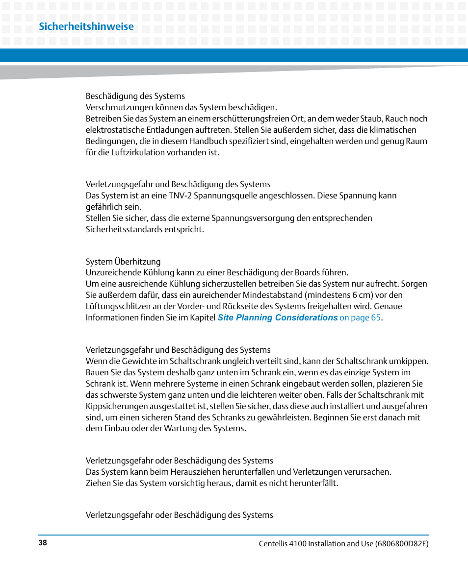 Sicherheitshinweise | Artesyn Centellis 4100 Installation and Use (2015) User Manual | Page 36 / 208