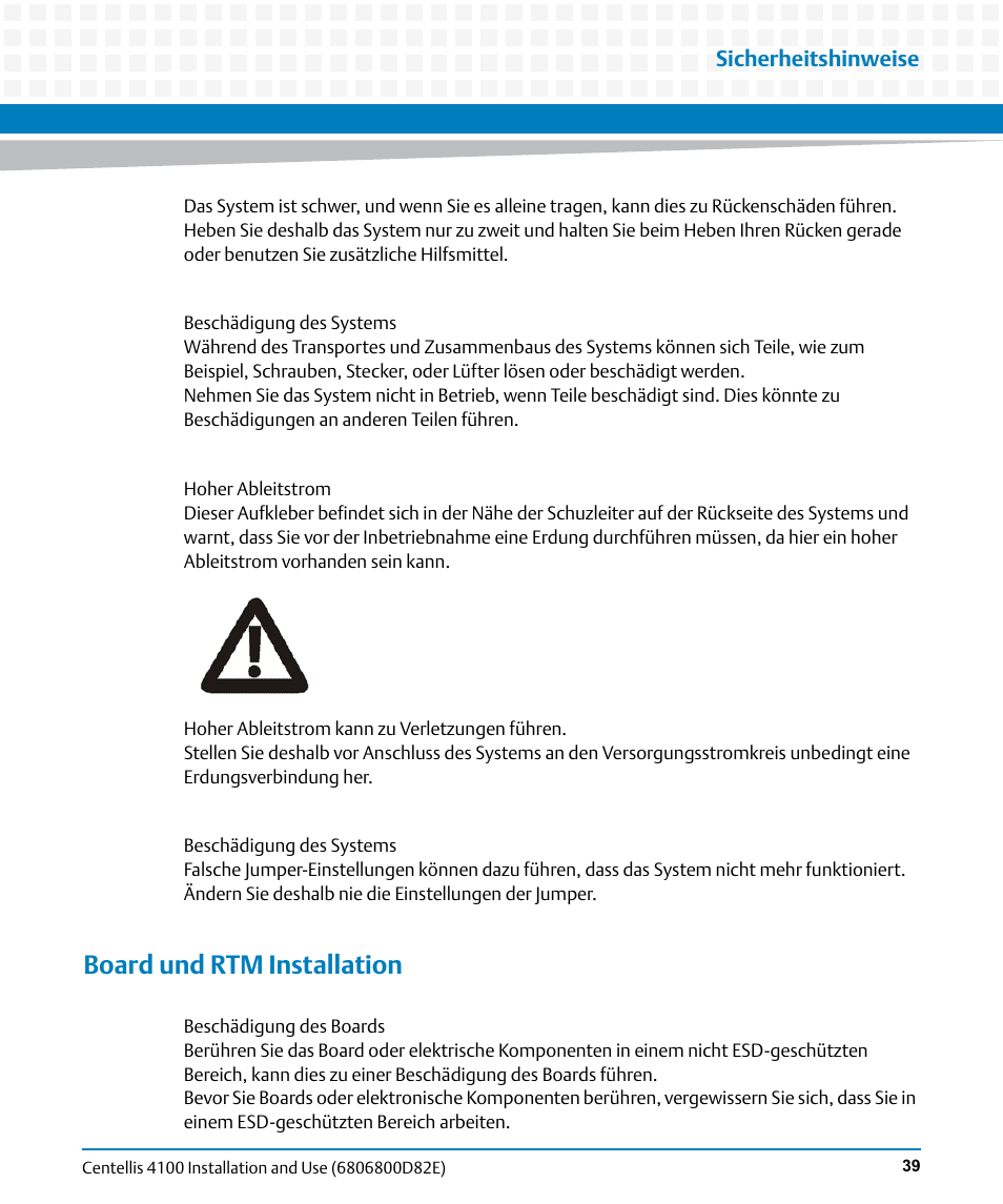 Board und rtm installation, Sicherheitshinweise | Artesyn Centellis 4100 Installation and Use (2015) User Manual | Page 37 / 208