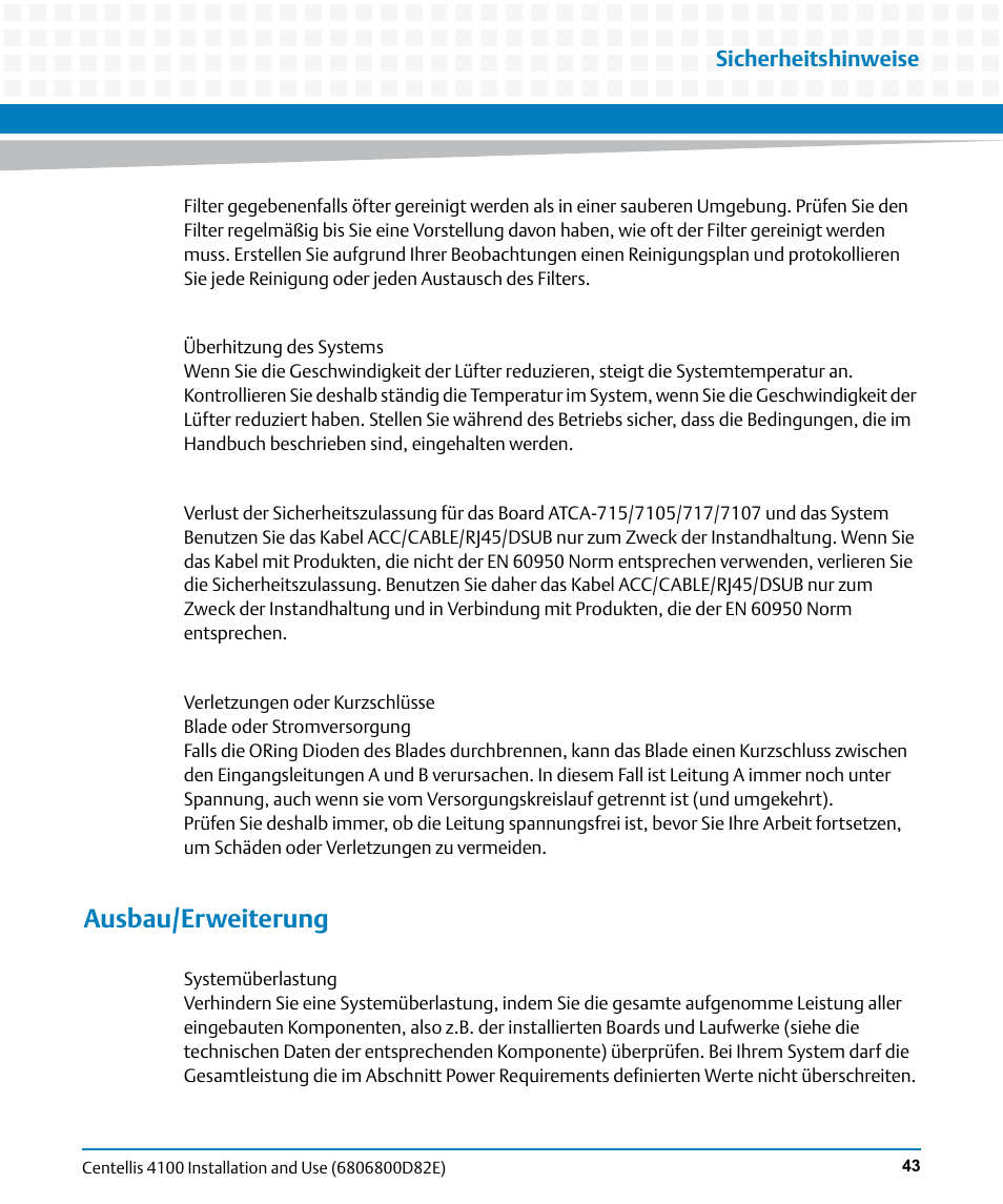 Ausbau/erweiterung, Sicherheitshinweise | Artesyn Centellis 4100 Installation and Use (2015) User Manual | Page 41 / 208
