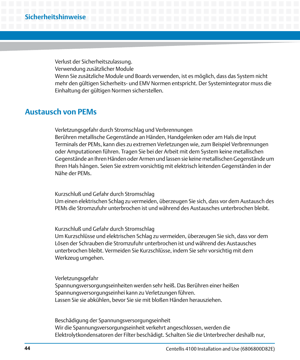 Austausch von pems, Sicherheitshinweise | Artesyn Centellis 4100 Installation and Use (2015) User Manual | Page 42 / 208